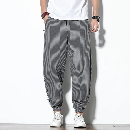 Men's striped joggers with Japanese-inspired design, ideal for casual wear & comfort.
