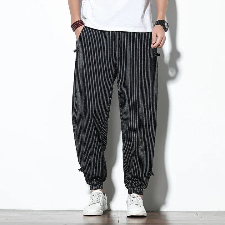 Comfortable men's activewear joggers, featuring a modern striped pattern for a stylish casual look.