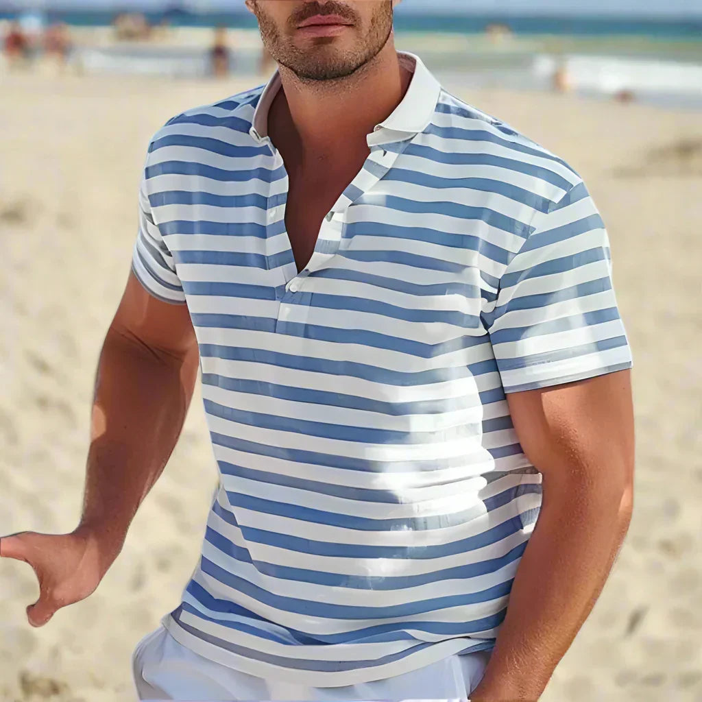 Men's striped short sleeve polo shirt. Casual & comfortable men's fashion. Versatile summer top, relaxed fit.