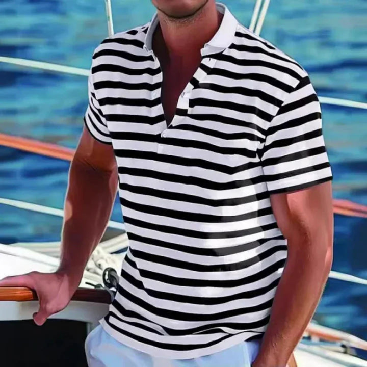 Detail shot: Men's striped short sleeve polo. Soft fabric, classic design for comfortable casual wear and summer style.