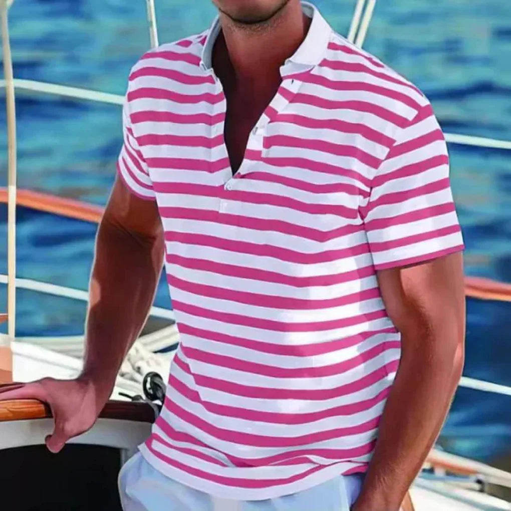 Man wearing a relaxed fit striped short sleeve polo shirt. Comfortable men's casual wear, versatile for summer fashion.