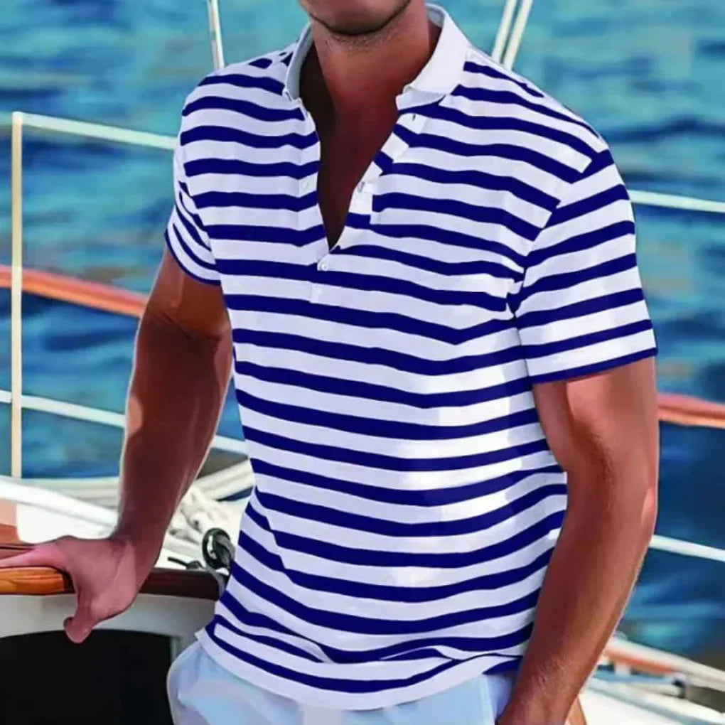 Effortless men's striped short sleeve polo shirt. Comfortable and versatile, ideal for casual summer fashion.