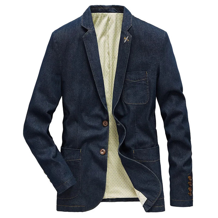 Blue men's structured blazer, smart casual statement piece, modern fit, with utility pockets.
