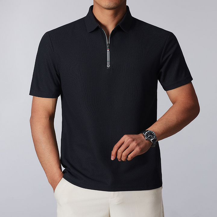 Men's structured quarter-zip polo shirt, cotton blend, tailored fit, perfect for business casual or golf.