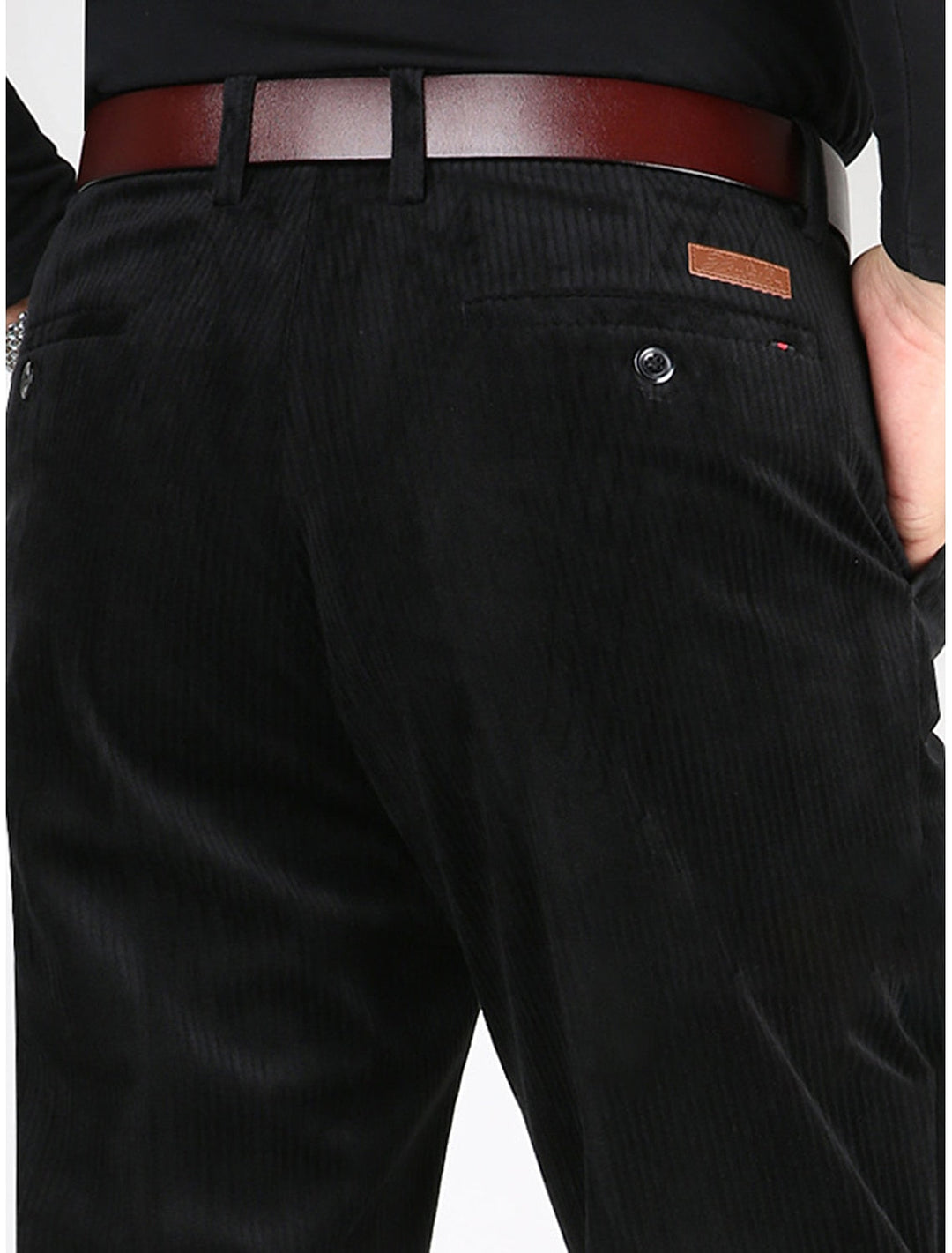Men's structured ribbed pants, modern fit, ideal for smart casual wear & everyday comfort. Features utility pockets.