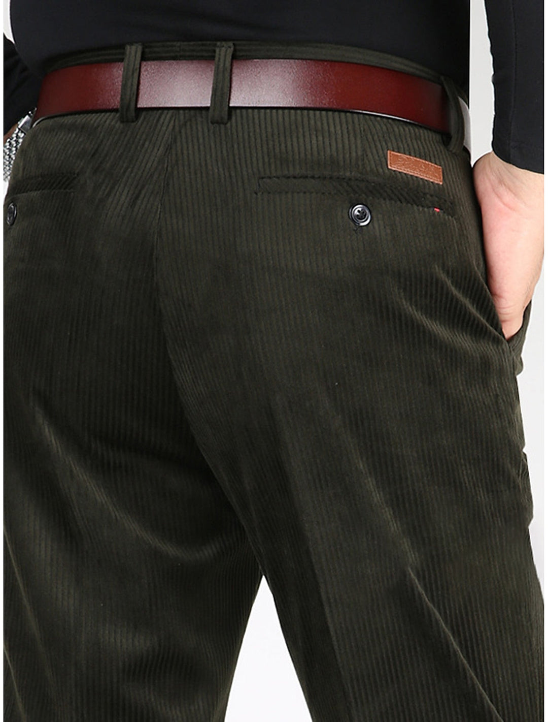 Stylish men's structured ribbed pants, versatile for casual wear, offering modern comfort & easy care.