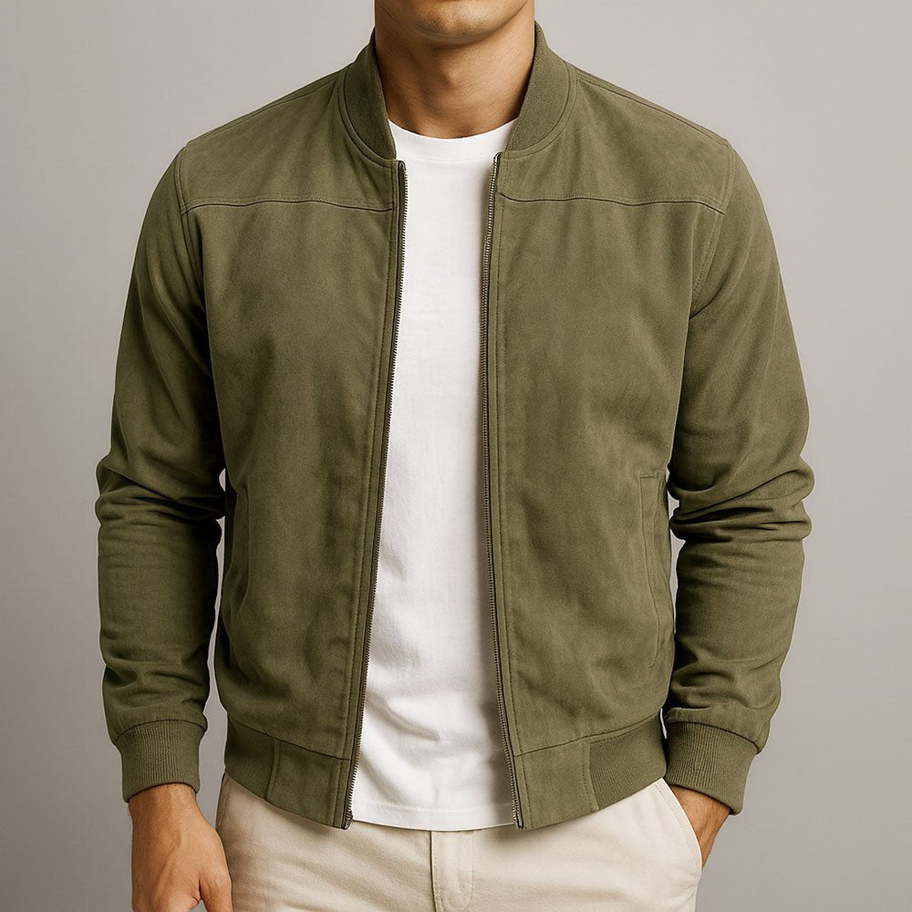 Refined men's structured jacket, combining bomber style with all-day comfort for a sophisticated tailored coat.