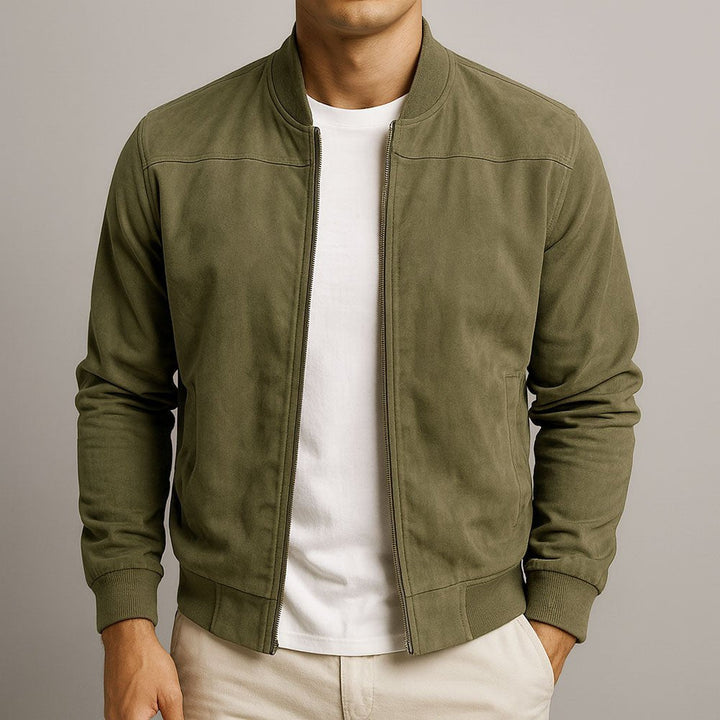 Refined men's structured jacket, combining bomber style with all-day comfort for a sophisticated tailored coat.