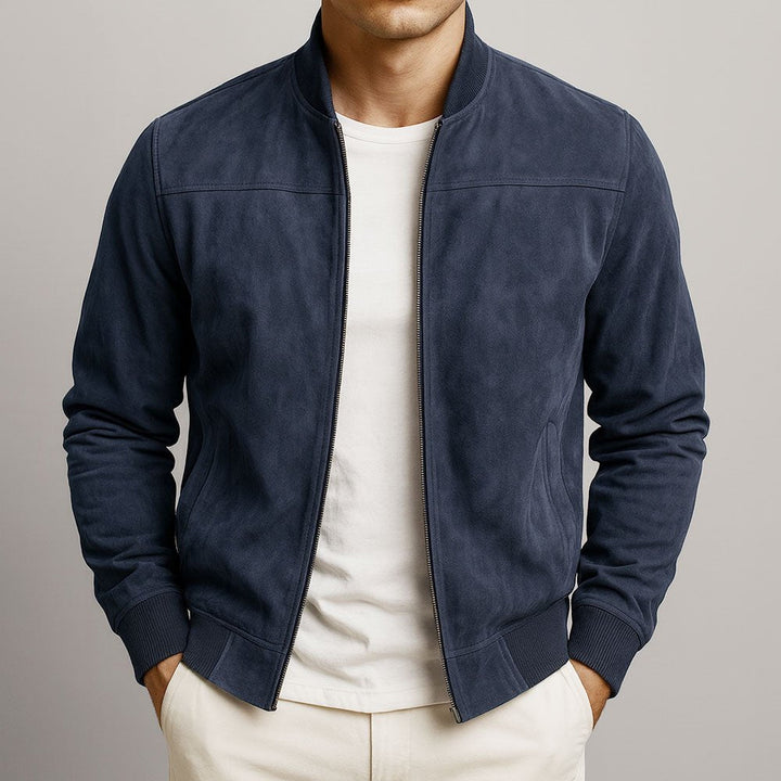 Back view: Men's smart tailored bomber coat, structured silhouette, ideal sophisticated outerwear for men.