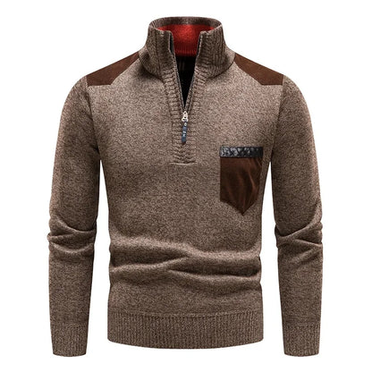 Warm knit men's half-zip pullover. Stylish menswear for cold weather & layered comfort.