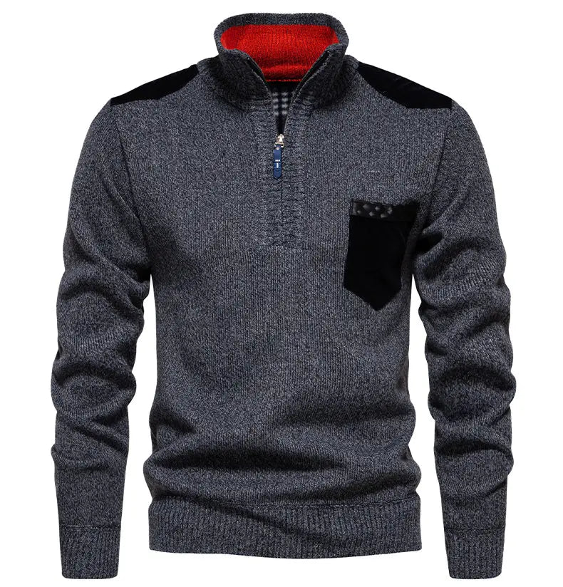 Men's warm half-zip sweater. Stylish knit pullover for cold weather, perfect for a layered look.