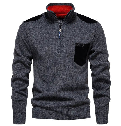 Men's warm half-zip sweater. Stylish knit pullover for cold weather, perfect for a layered look.