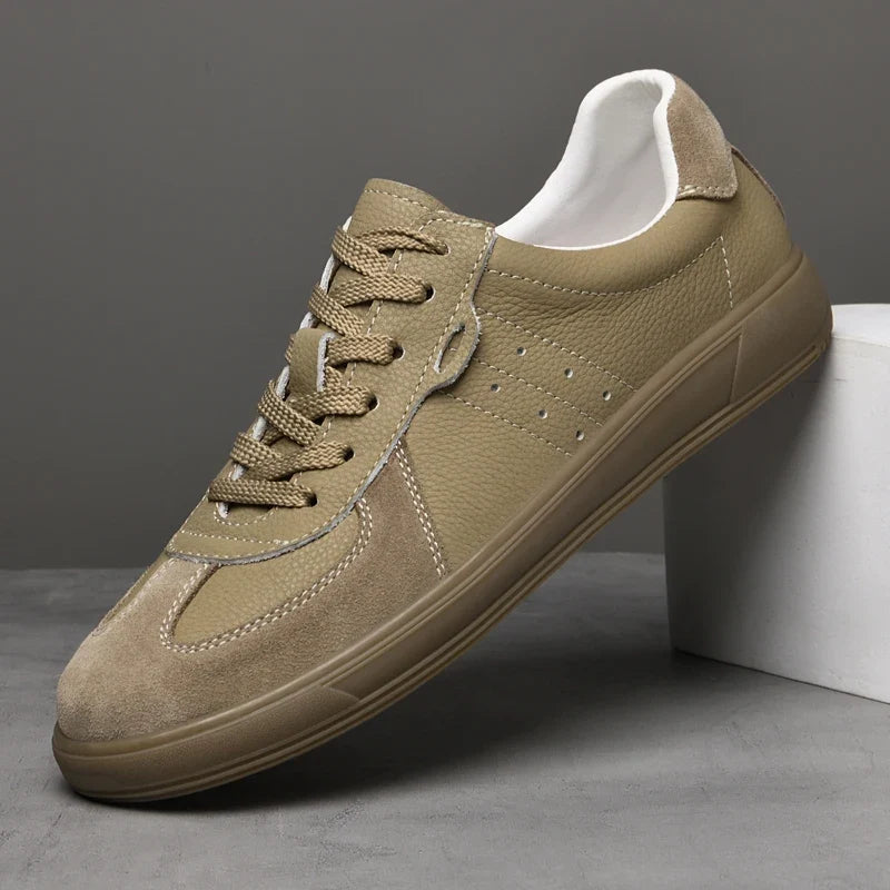 Beige men's walking sneakers, blending comfort and style for versatile casual everyday footwear.