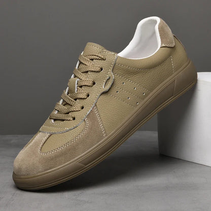 Beige men's walking sneakers, blending comfort and style for versatile casual everyday footwear.
