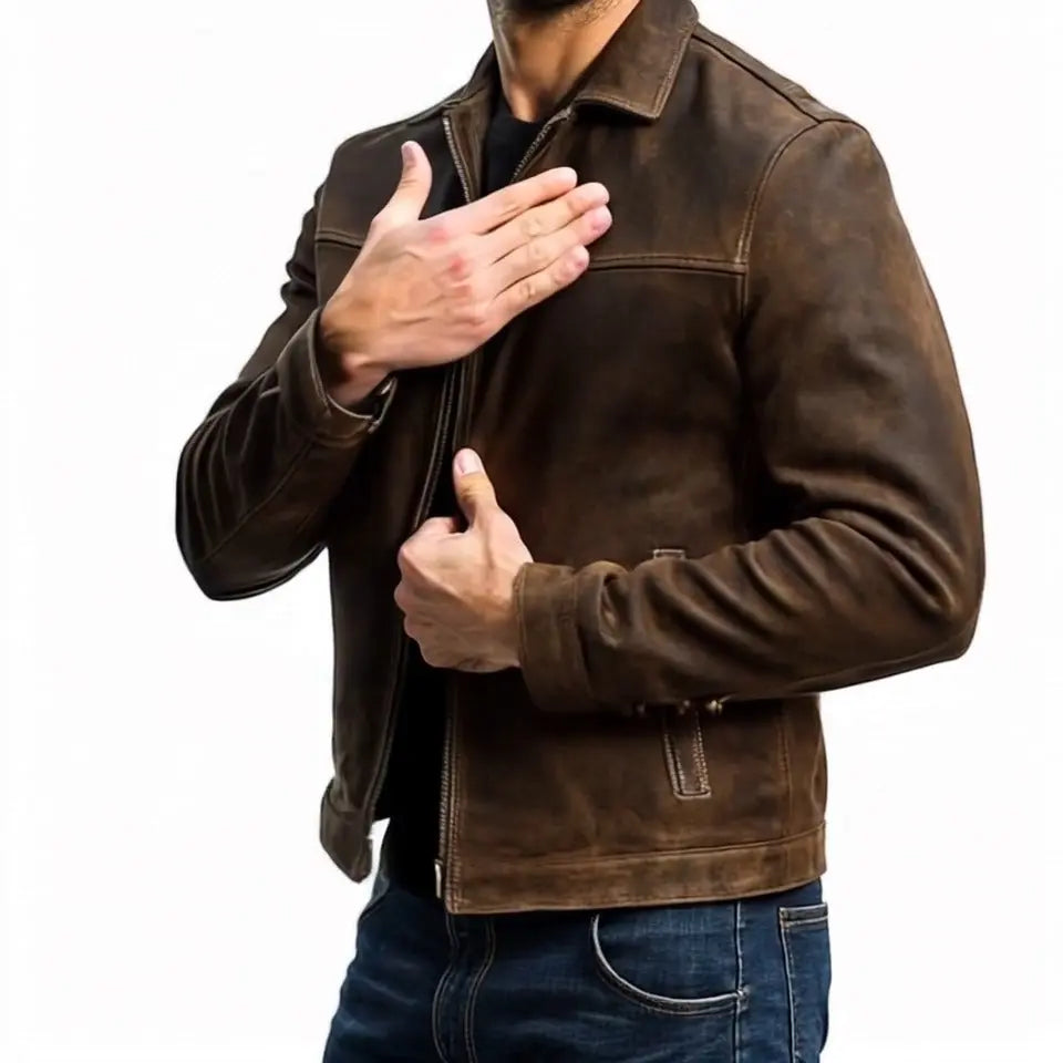 Black men's fitted biker jacket with zip closure, ideal for smart casual outfits and all-season wear.