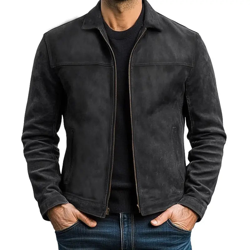 Brown men's dynamic biker jacket, long sleeve, zip-up, versatile for everyday and smart casual styles.