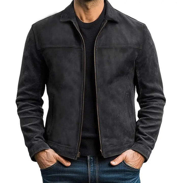 Brown men's dynamic biker jacket, long sleeve, zip-up, versatile for everyday and smart casual styles.