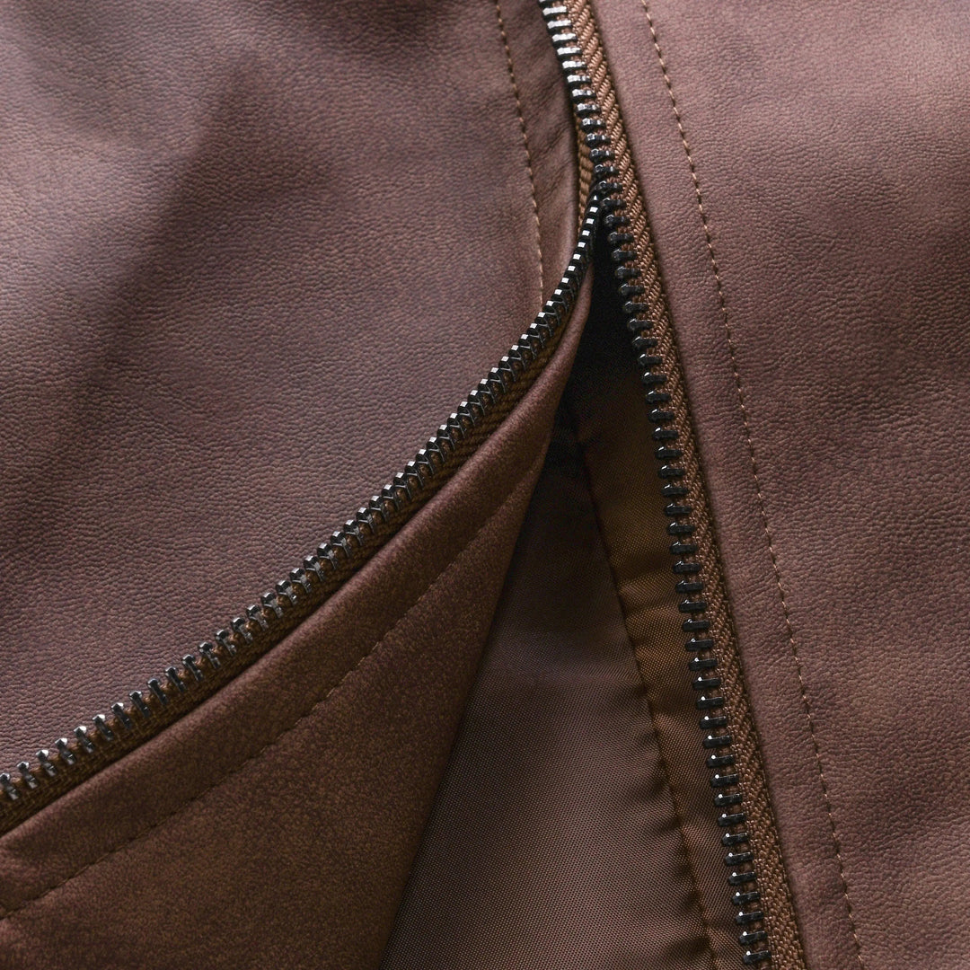 Fitted men's biker jacket in army green, zip-up, all-season outerwear for stylish casual looks.