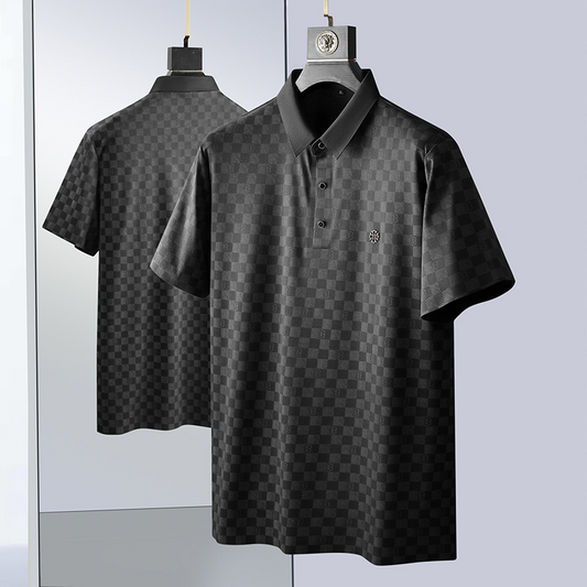 Men's stylish black check knit polo shirt, modern casual wear, short sleeve fashion.