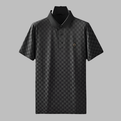 Breathable apricot knit polo shirt for men, comfortable check pattern, everyday short sleeve.