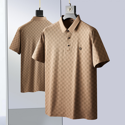Apricot & black check knit polo for men, stylish short sleeve, perfect for casual wear.