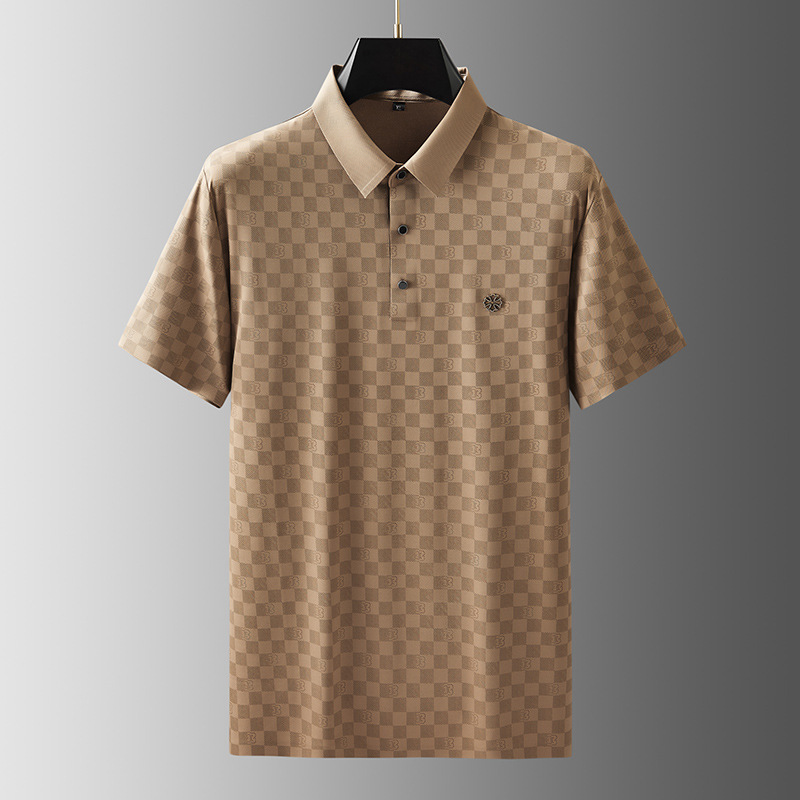 Men's modern check knit polo shirt, versatile short sleeve, ideal for everyday men's fashion.
