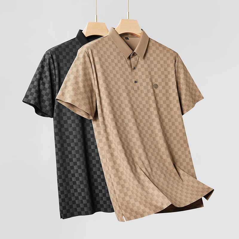 Comfortable men's knit polo shirt with stylish check pattern, short sleeve, apricot/black.