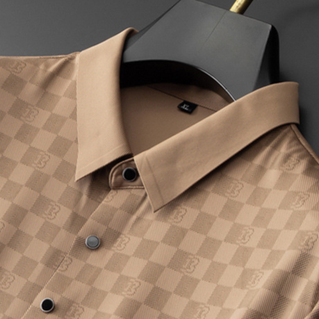 Black men's short sleeve knit polo shirt, features a stylish check pattern, casual & breathable.