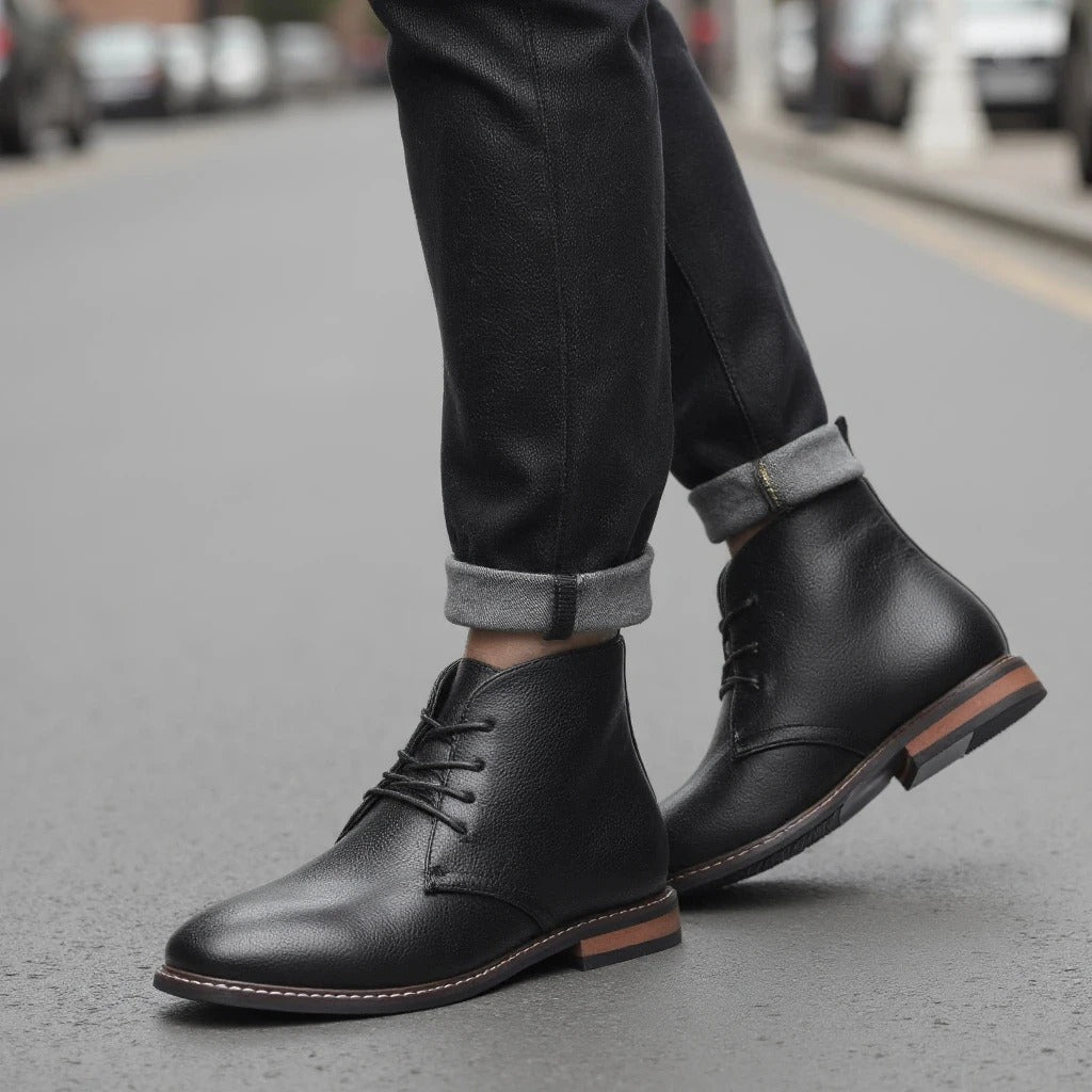Lace-up men's black chukka boots, combining comfort with a stylish, versatile design.