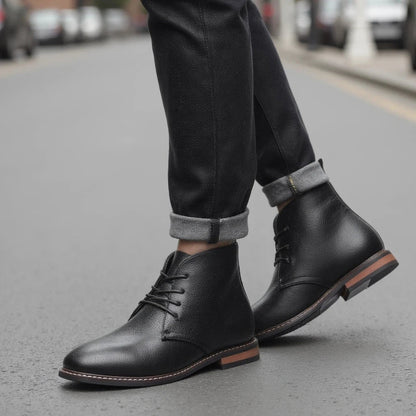 Lace-up men's black chukka boots, combining comfort with a stylish, versatile design.