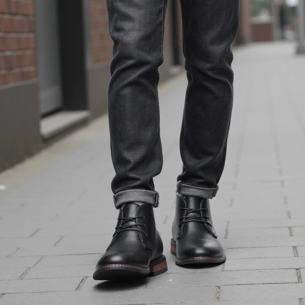 Top view of men's versatile black chukka boots, ideal casual footwear for any outfit.