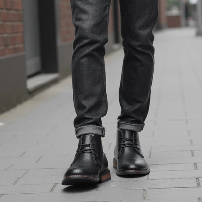 Top view of men's versatile black chukka boots, ideal casual footwear for any outfit.