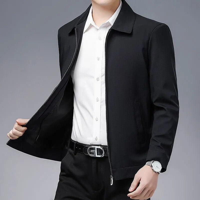 Close-up of a men's modern fit zipper jacket, highlighting the quality fabric and versatile design details.