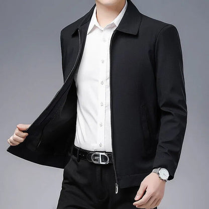 Close-up of a men's modern fit zipper jacket, highlighting the quality fabric and versatile design details.