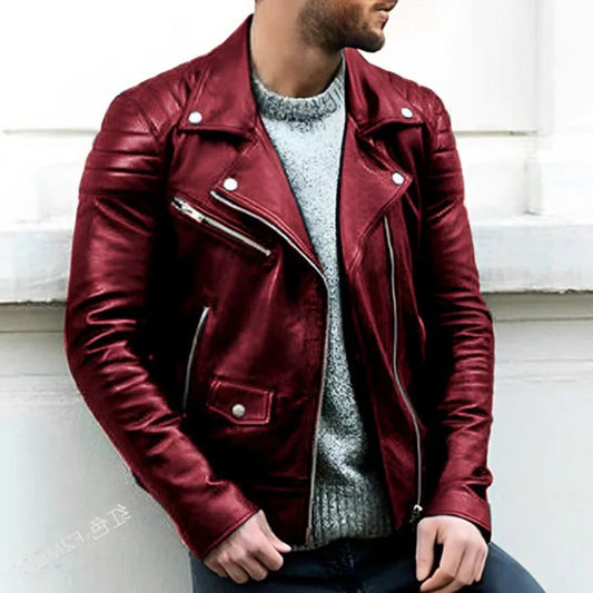 Men's stylish black leather biker jacket, perfect for all-season streetwear, casual wear, and motorcycle fashion.
