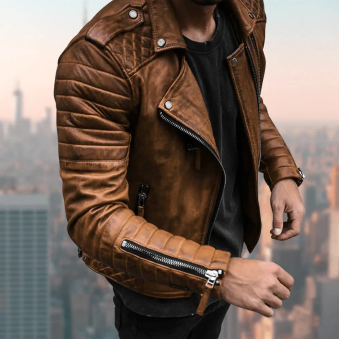 Trendy men's leather biker jacket in black, a versatile outerwear piece for modern men's fashion & motorcycle style.