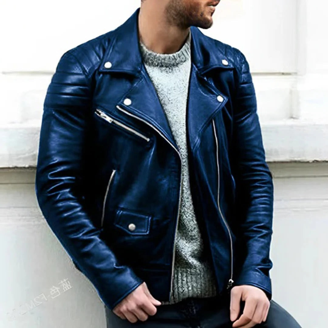 Durable black leather men's biker jacket, ideal casual outerwear for a trendy look or motorcycle enthusiast.