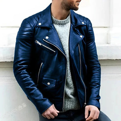 Durable black leather men's biker jacket, ideal casual outerwear for a trendy look or motorcycle enthusiast.