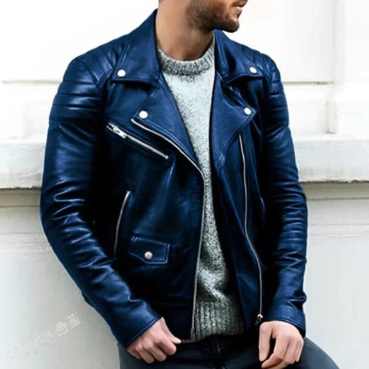 Durable black leather men's biker jacket, ideal casual outerwear for a trendy look or motorcycle enthusiast.