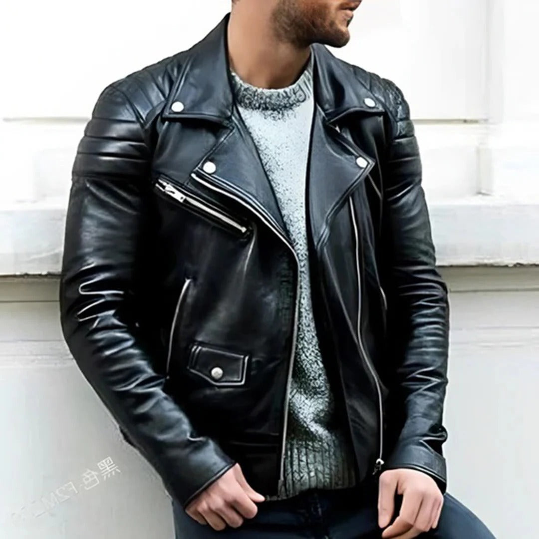 Sleek men's leather biker jacket, designed for all-season versatility, modern streetwear, and a cool motorcycle vibe.