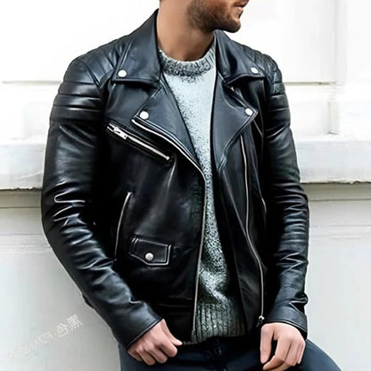 Sleek men's leather biker jacket, designed for all-season versatility, modern streetwear, and a cool motorcycle vibe.