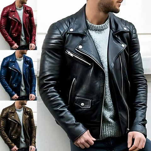 Fashionable men's black leather biker jacket, a key outerwear item for stylish casual outfits & motorcycle adventures.