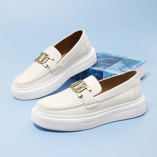 Men's stylish black leather buckle loafers; modern slip-on dress shoes for business casual or formal wear.