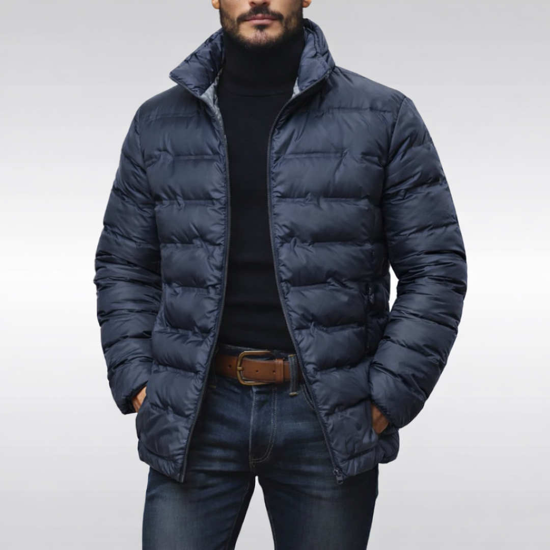 Men's stylish black puffer jacket, ultimate cold weather warmth. Ideal winter coat & casual outerwear.