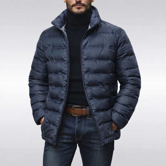 Men's stylish black puffer jacket, ultimate cold weather warmth. Ideal winter coat & casual outerwear.