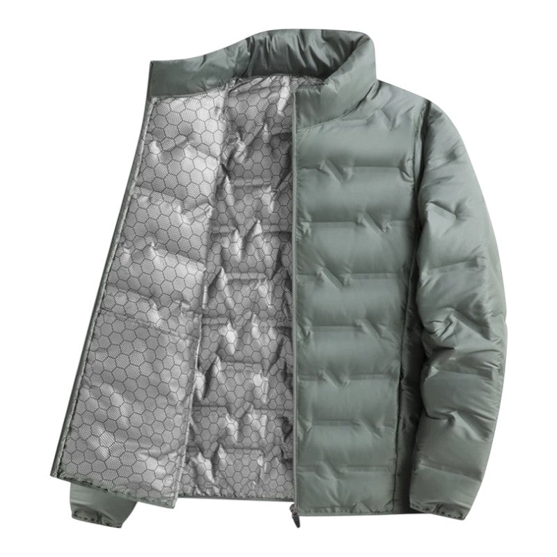 Navy blue men's puffer jacket, a versatile winter coat offering ultimate warmth & fashionable quilted style.