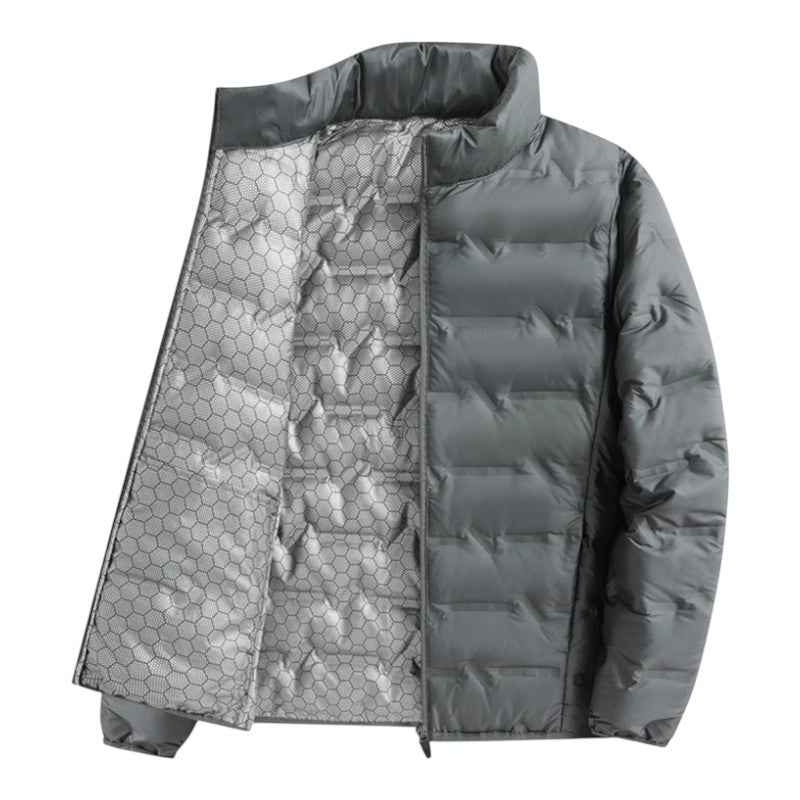 High-quality men's puffer jacket, a warm quilted winter coat designed for ultimate cold weather protection.