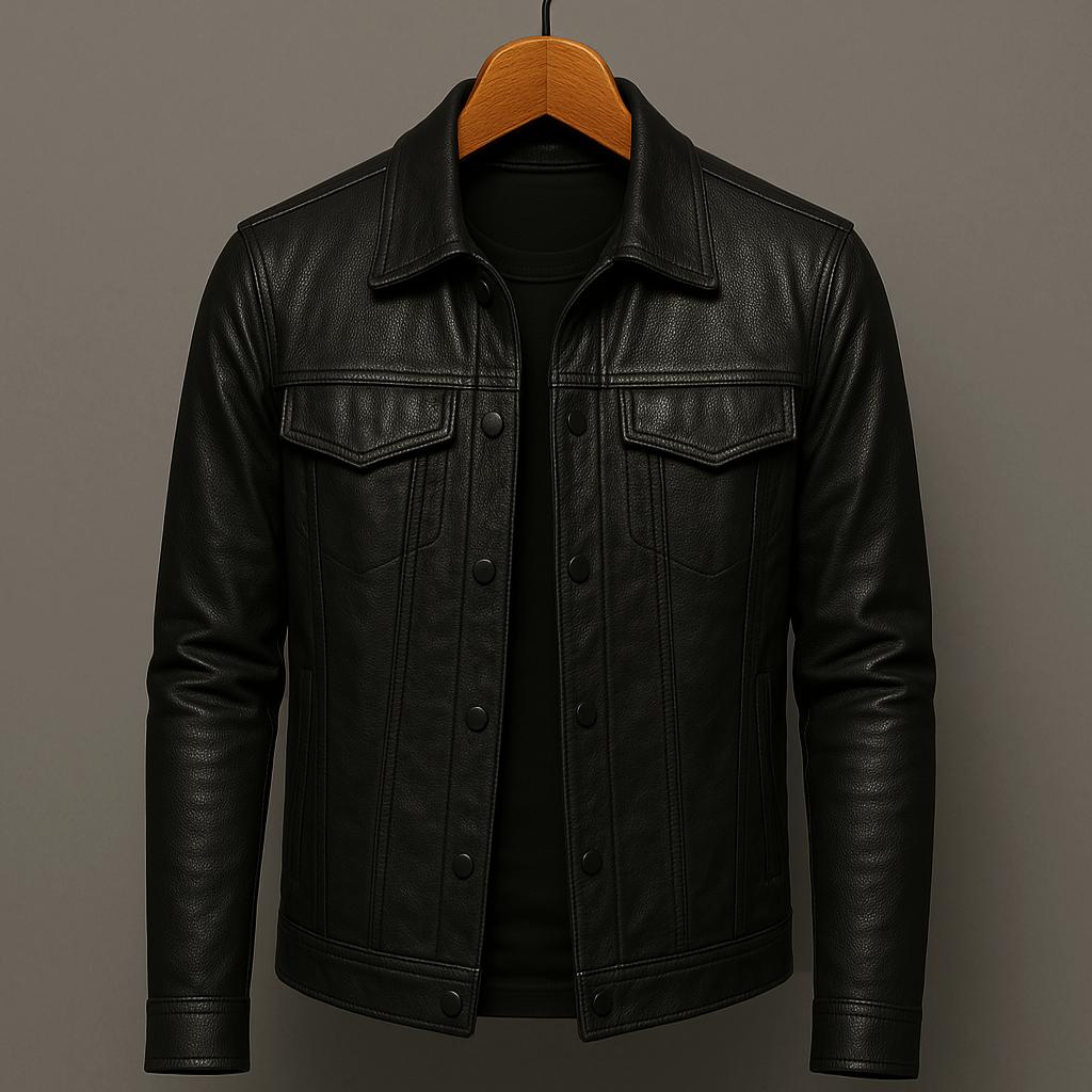 Men's stylish black tailored outerwear jacket, slim fit for a modern smart casual look.