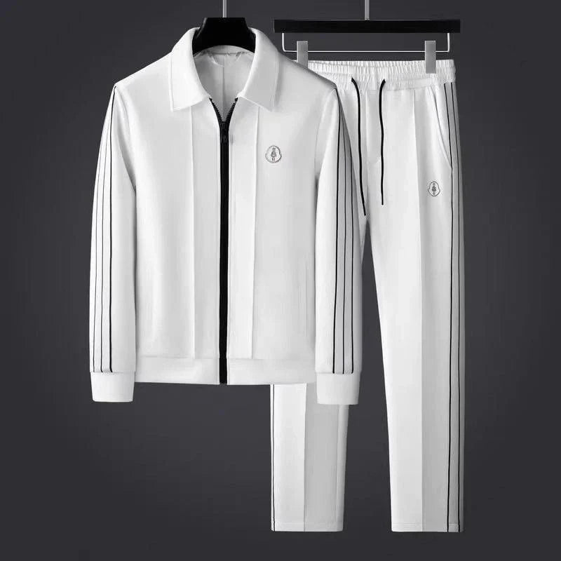 Men's black activewear set with white stripes. Stylish two-piece athleisure for modern men's casual wear.