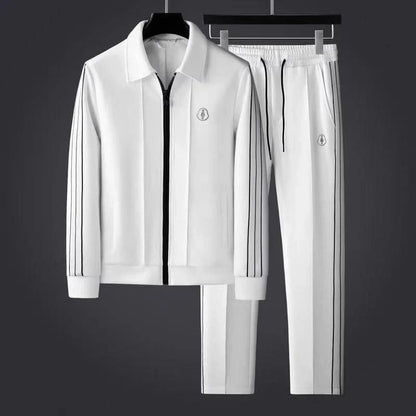 Men's black activewear set with white stripes. Stylish two-piece athleisure for modern men's casual wear.